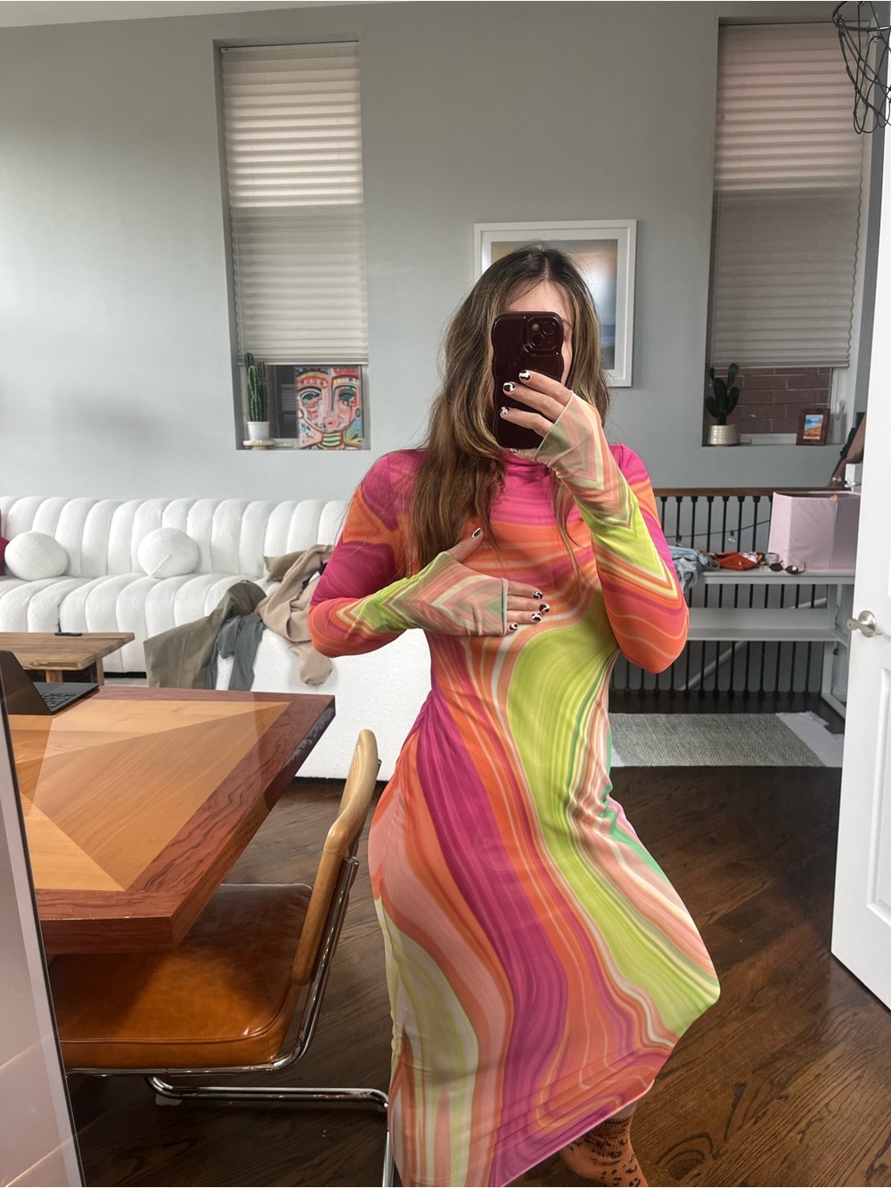 AFRM Pink Orange Lime Swirl Long-Sleeve Bodycon Dress